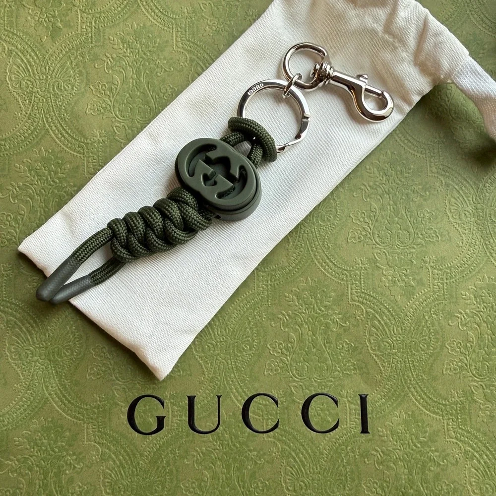Gucci Dark Green Interlocking G Knotted‎ Cord Keychain Swivel Hook 834480
